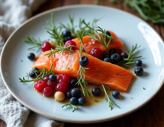 Elegantly plated Nordic dish featuring foraged berries and smoked fish